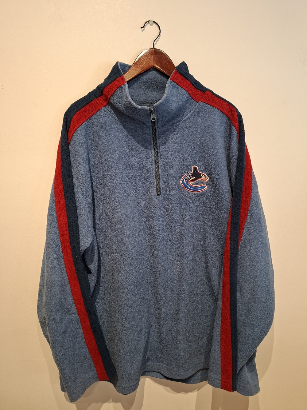 NHL Vintage Canucks Blue Zip-Up Fleece with Red & Navy Sleeve Stripes